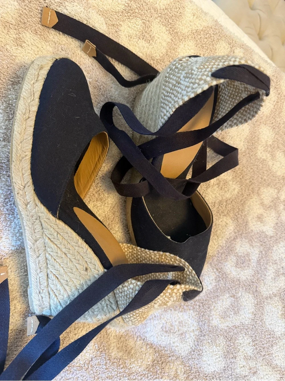 Navy Espadrille Wedge Ankle-Tie Sandals - never worn